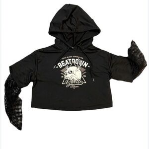 🛍️ 2/$12
Black crop hooded hoodie skull sweater top with mesh long sleeves. New